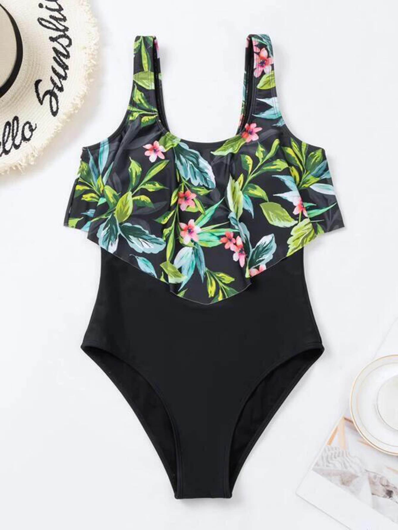 Tropical Print One Piece Swimsuit, Round Neck Ruffle Tummy Control High ...