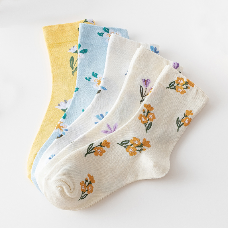 Image of 5 Pairs Women&;s Socks - Elegant Floral Print Mid-calf Socks With Ribbed Cuff, Soft Pastel Colors For Fall Winter, Casual & Formal Wear, Ruffle Socks, Winter Essentials, Sophisticated Design, Quality