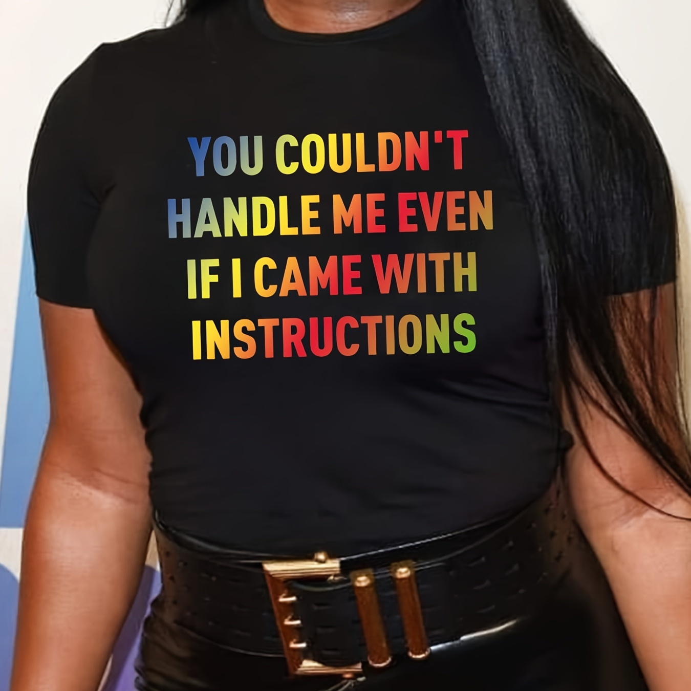 

Plus Size Colorful Letter Print Short Sleeve T-shirt, Women's Plus Casual Round Neck Pullover T-shirt