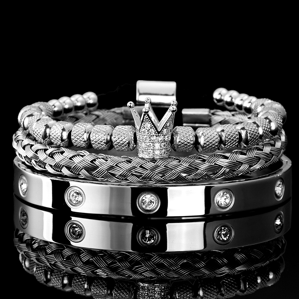 Men's Micro Pave CZ Round Beads Crown Bangle Bracelet