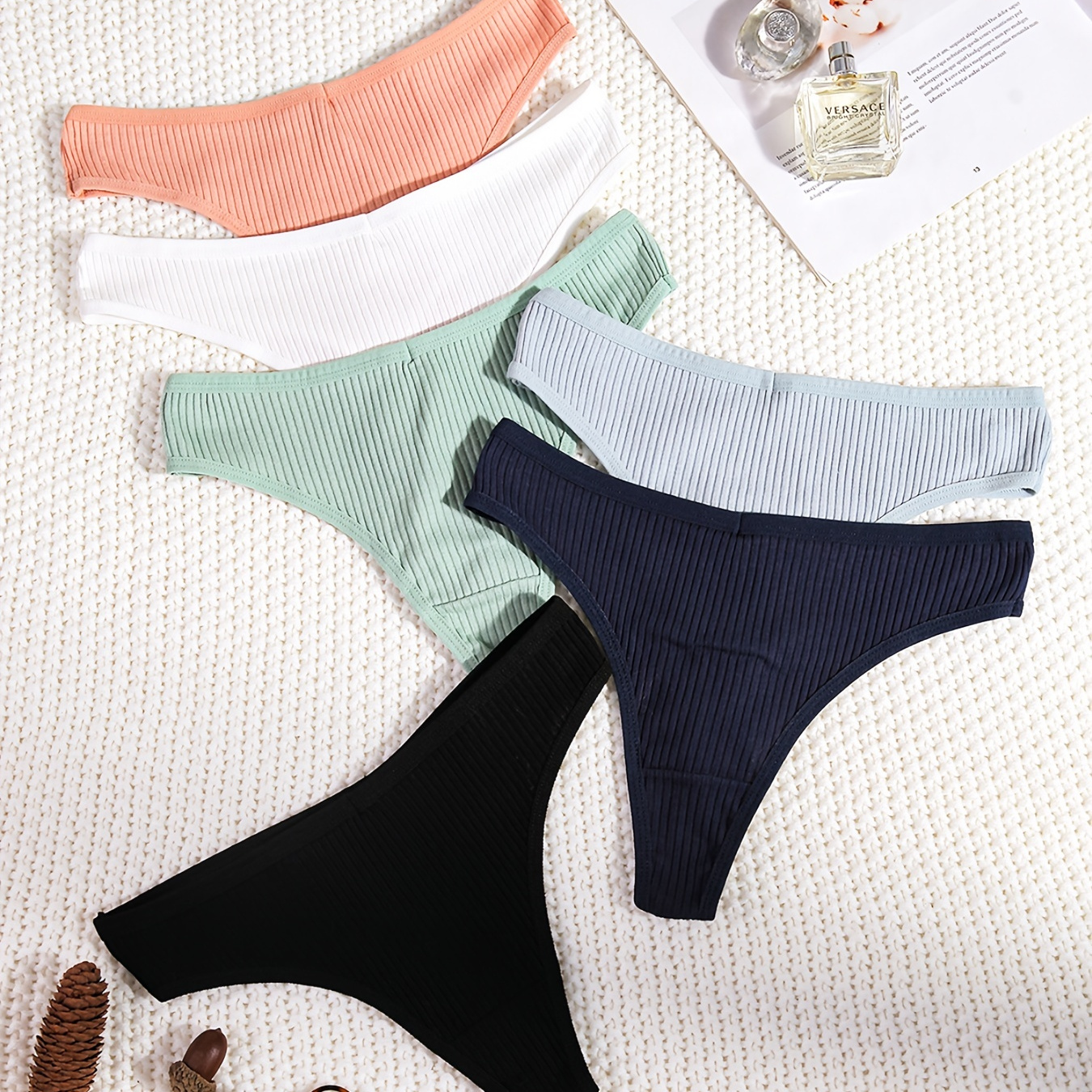 7 Piece Ribbed Knit Underwear Panties Low Rise Cheeky Panty Set , Women's Underwear & Lingerie
