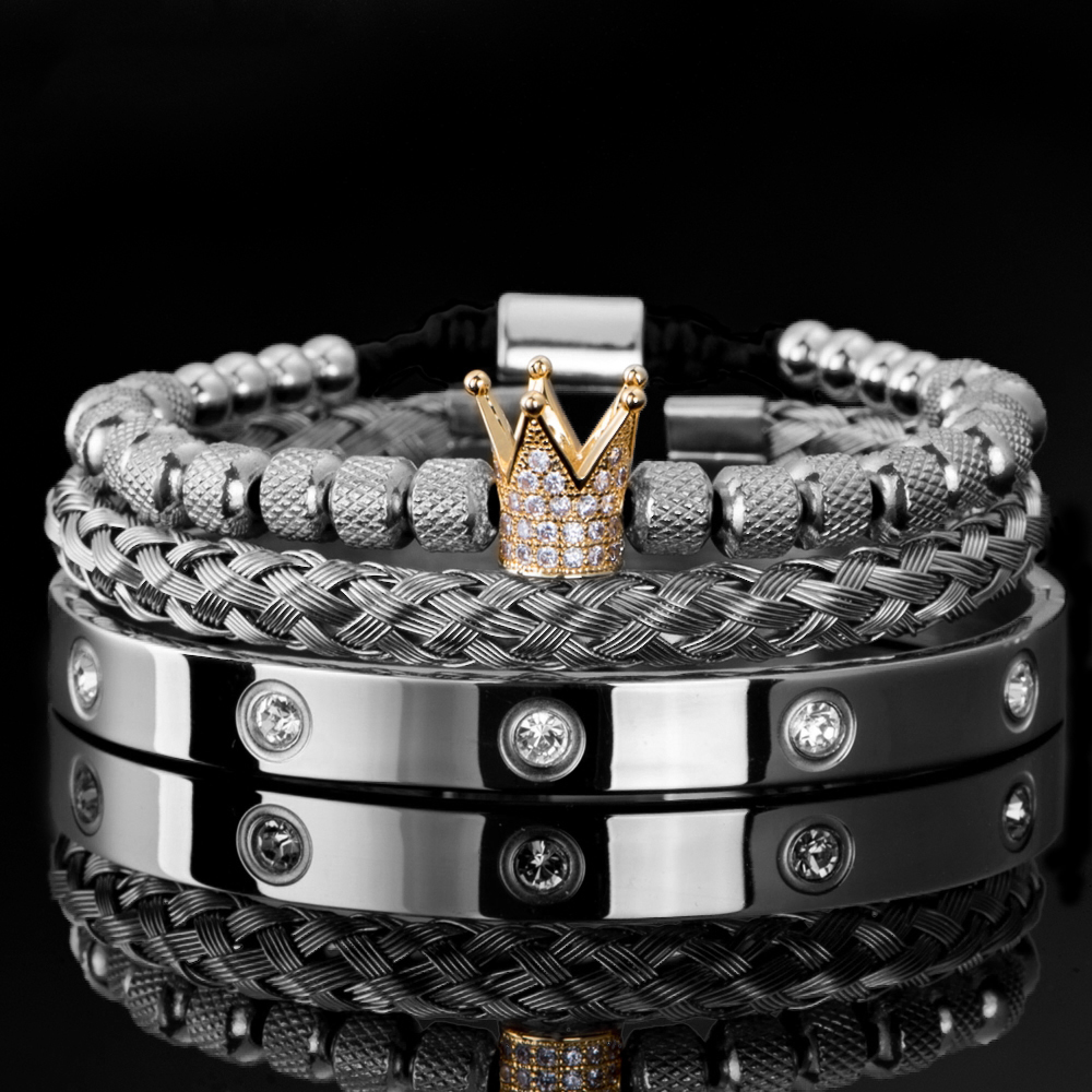 Men's Micro Pave CZ Round Beads Crown Bangle Bracelet