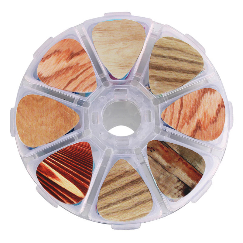 50pcs Electric Guitar Pick Variety Pack - 0.46, 0.71 & 1.0mm Thickness - PVC Material - Cartoon Skull & Wood Grain - 8 Grid Storage Box - Musical Instrument Accessories
