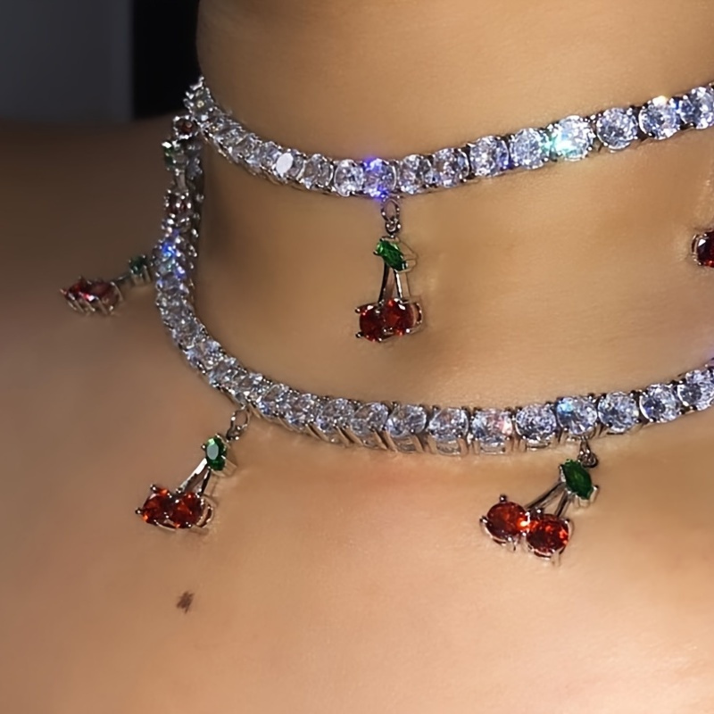 

Cherry Fruit Necklace Inlaid Shiny Rhinestones Sparkly Tennis Chain Crystal Jewelry For Women