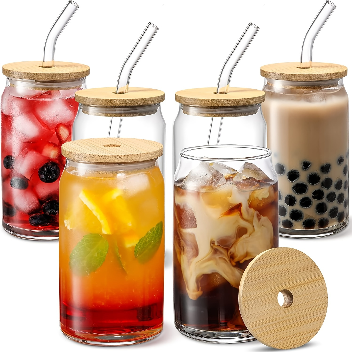 Glass Straw Cup with Bamboo Lid, Cola Shape Cup, 470ml