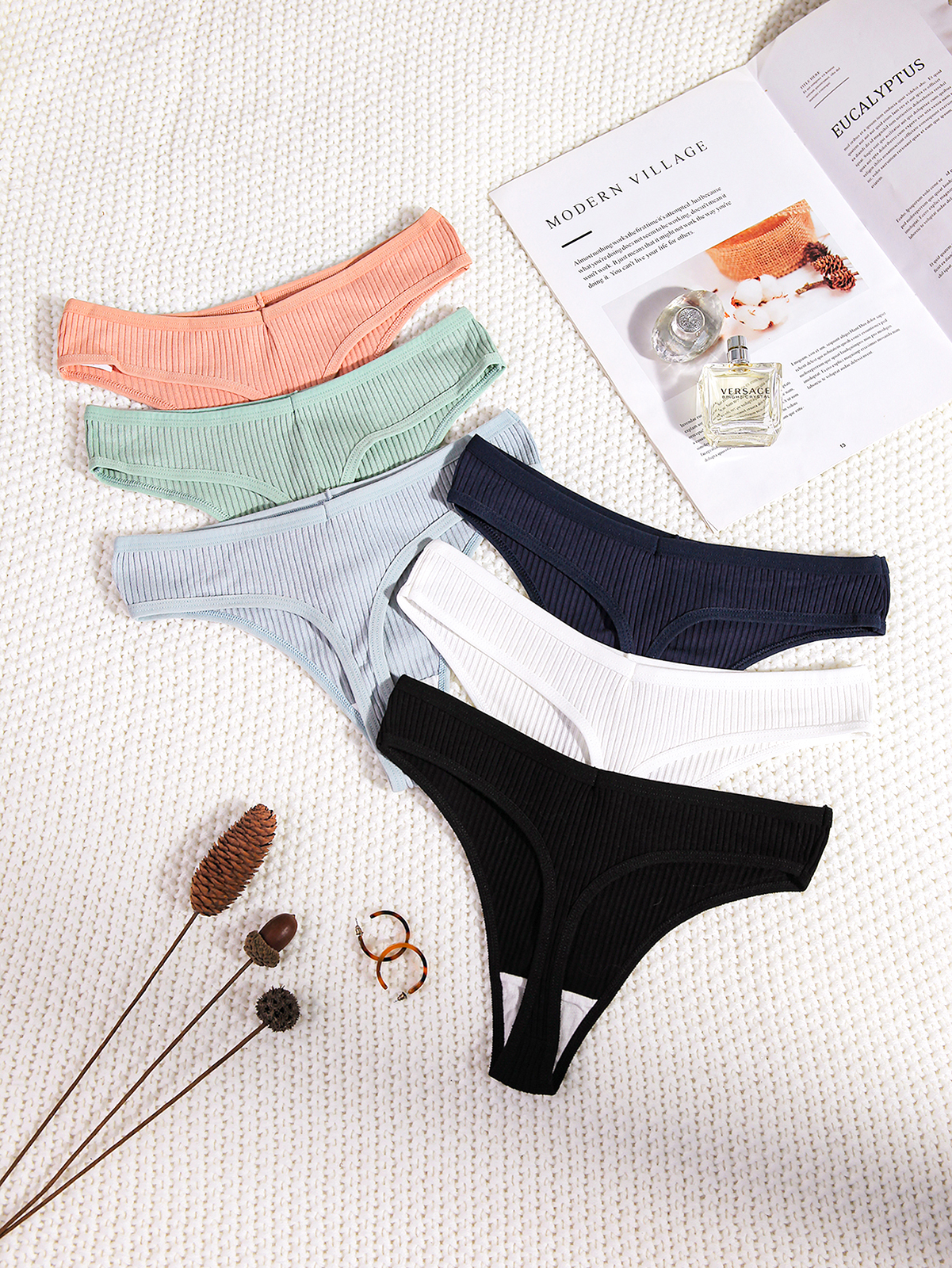 6 Pcs Ribbed Knit Underwear Panties Low * Cheeky Panty Set, Women's  Underwear & Lingerie