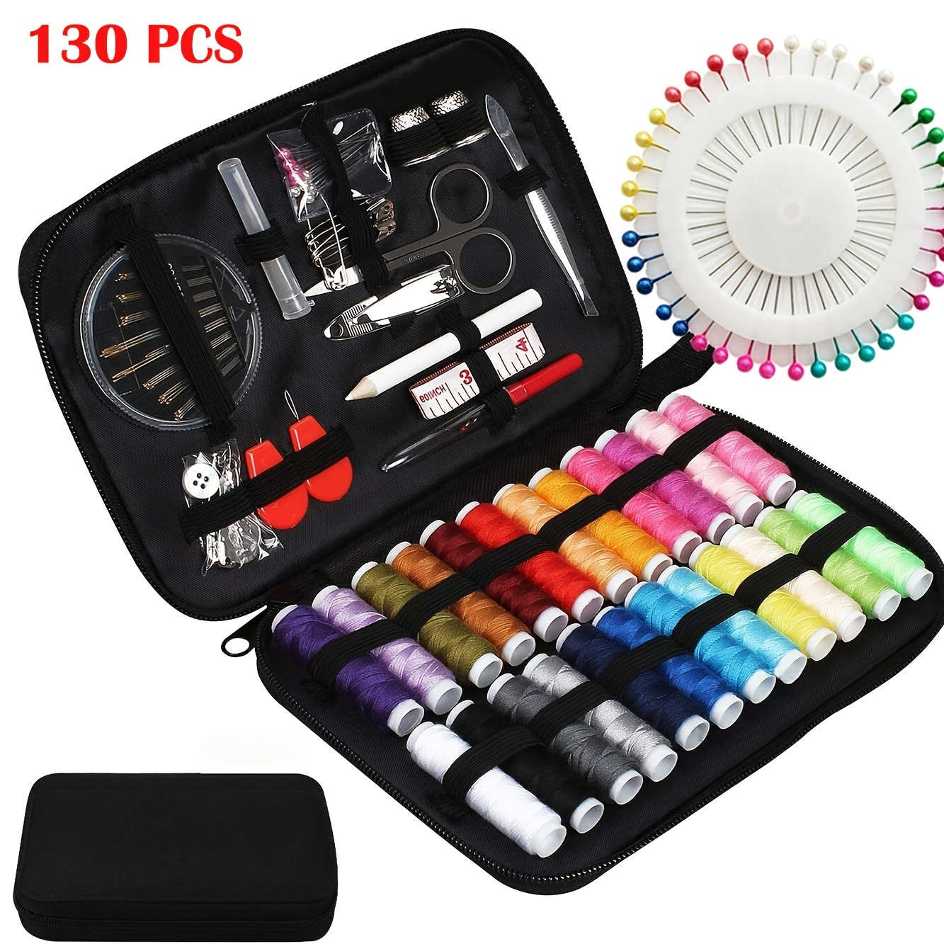 Small Sewing Travel Kit, 9 Piece notions in one black case