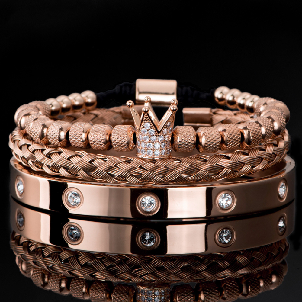 Men's Micro Pave CZ Round Beads Crown Bangle Bracelet