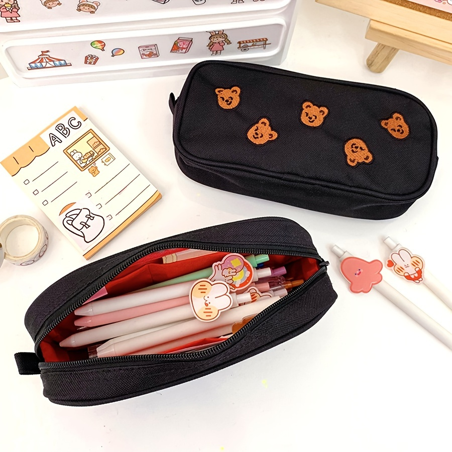 1pc Embroidered Bear Canvas Student Pencil Case,cute Pencil Box | Free ...