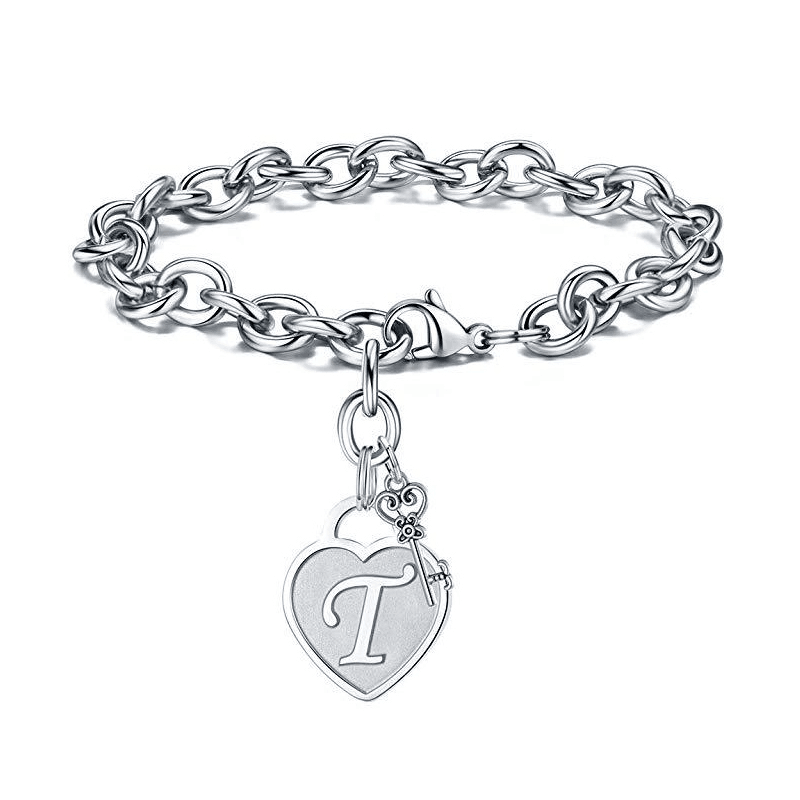  1pc Fashion Stainless Steel Letter Graphic Heart & Key Charm OT Buckle  Bracelet for Women for Daily Decoration (Color : Silver, Size : L) :  Clothing, Shoes & Jewelry
