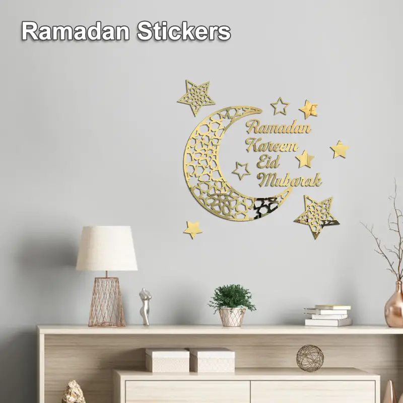 1 Set Eid Mubarak Mirror Wall Stickers Moon Stars Ramadan Kareem Acrylic Non Glass Mirror Peel And Stick Wall Decor For Home Bedroom Room Decor