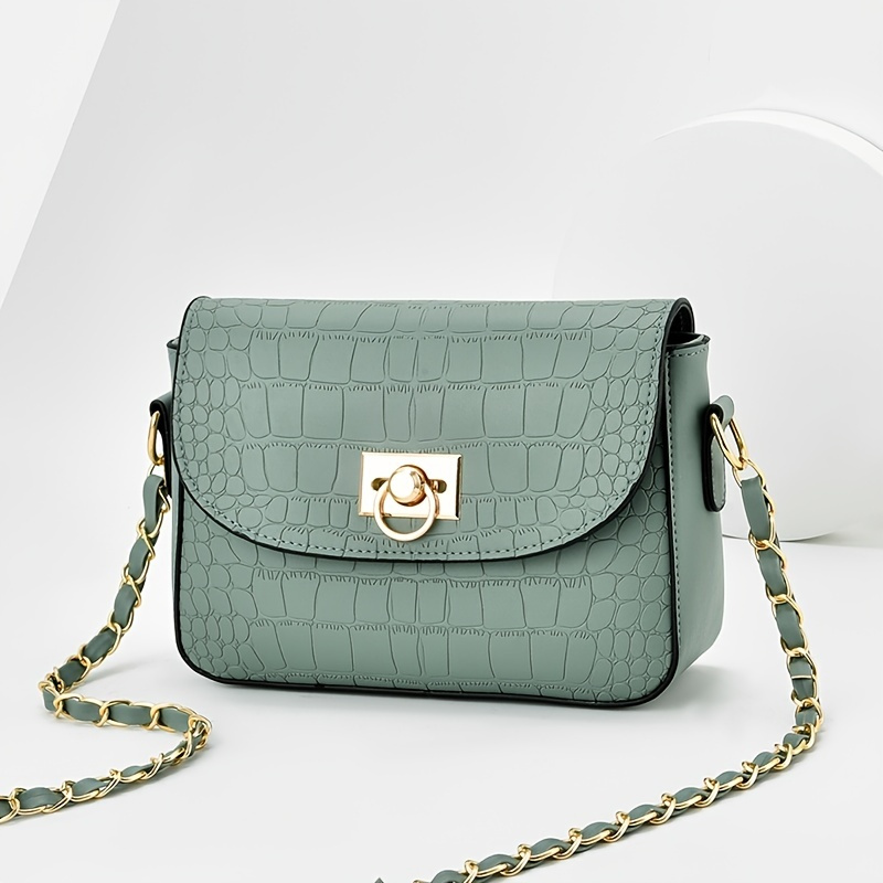 Crocodile Embossed Square Bag, Simple Buckle Decor Shoulder Bag with Chain Strap for Work, Christmas Styling & Gift,Temu
