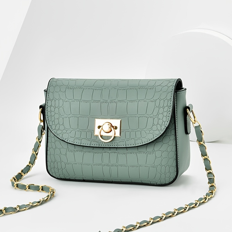 Chain Decoration Grid Pattern Plaid Crocodile Embossed Solid Color Fashion Shoulder Bag with Embroidery Thread, Large Capacity Coin Purse,one-size