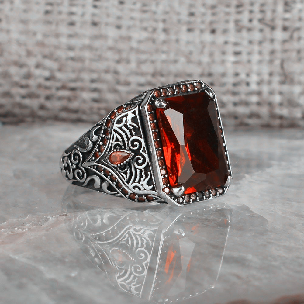 1pc Retro Inlaid Red Gem Mens Ring Engraved Pattern Ring Buy Temu