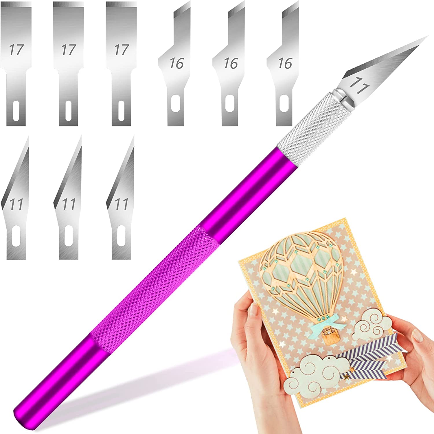 DIYSELF 1 Pcs Craft Hobby Knife Exacto Knife with 11 Pcs Stainless Steel  Blade Kit, 1pcs Steel 15CM Ruler for Art, Scrapbooking, Stencil (Purple)