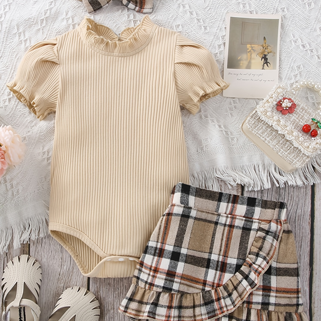 2pcs Baby Girls Puff Sleeve Romper Ruffle Bodysuit & Plaid Skirt & Bow Headband Set Toddler Clothes