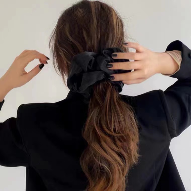 Soft Black Ribbon Scrunchie Hair Bow - Ponytail Holder