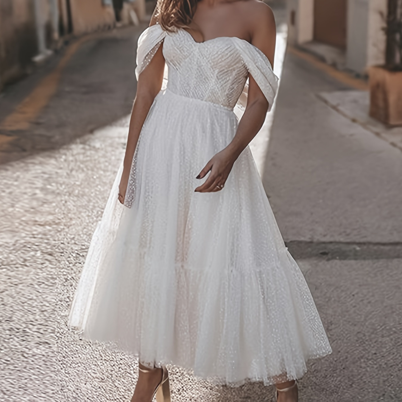 Polka Dot Solid Party Dress, Off Shoulder Wedding Dress For All Season