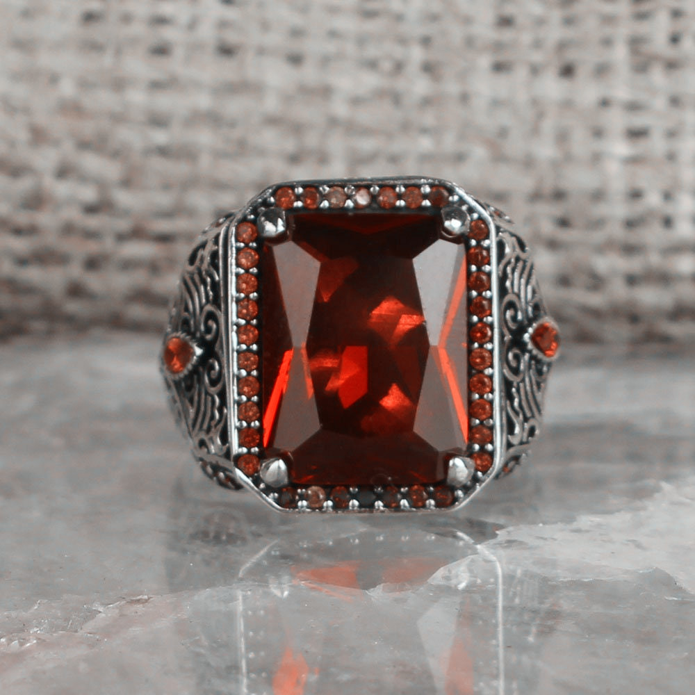 1pc Retro Inlaid Red Gem Mens Ring Engraved Pattern Ring Buy Temu