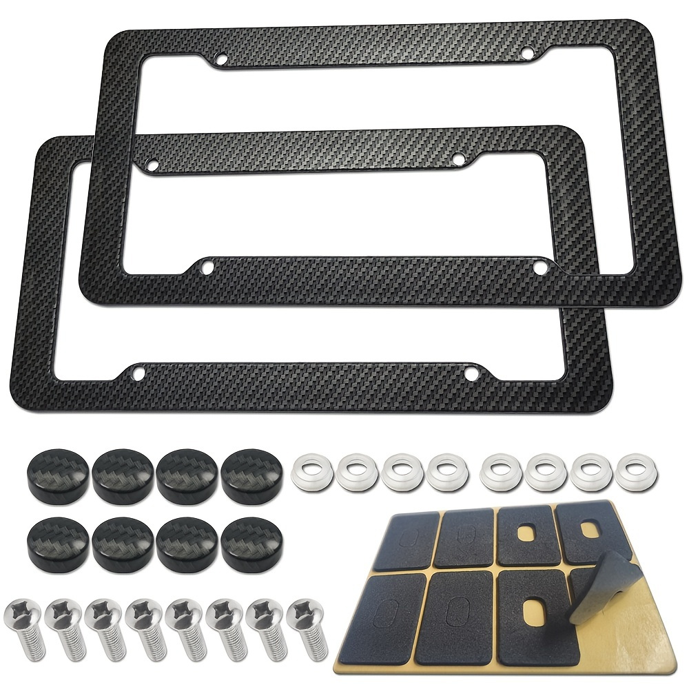 2PCS Carbon Fiber License Plate Frame-Black Plastic Front & Rear Car Tag Holder Cover For Men/Women, With Mount Hardware,Screws,Caps,Rattle Proof Pads