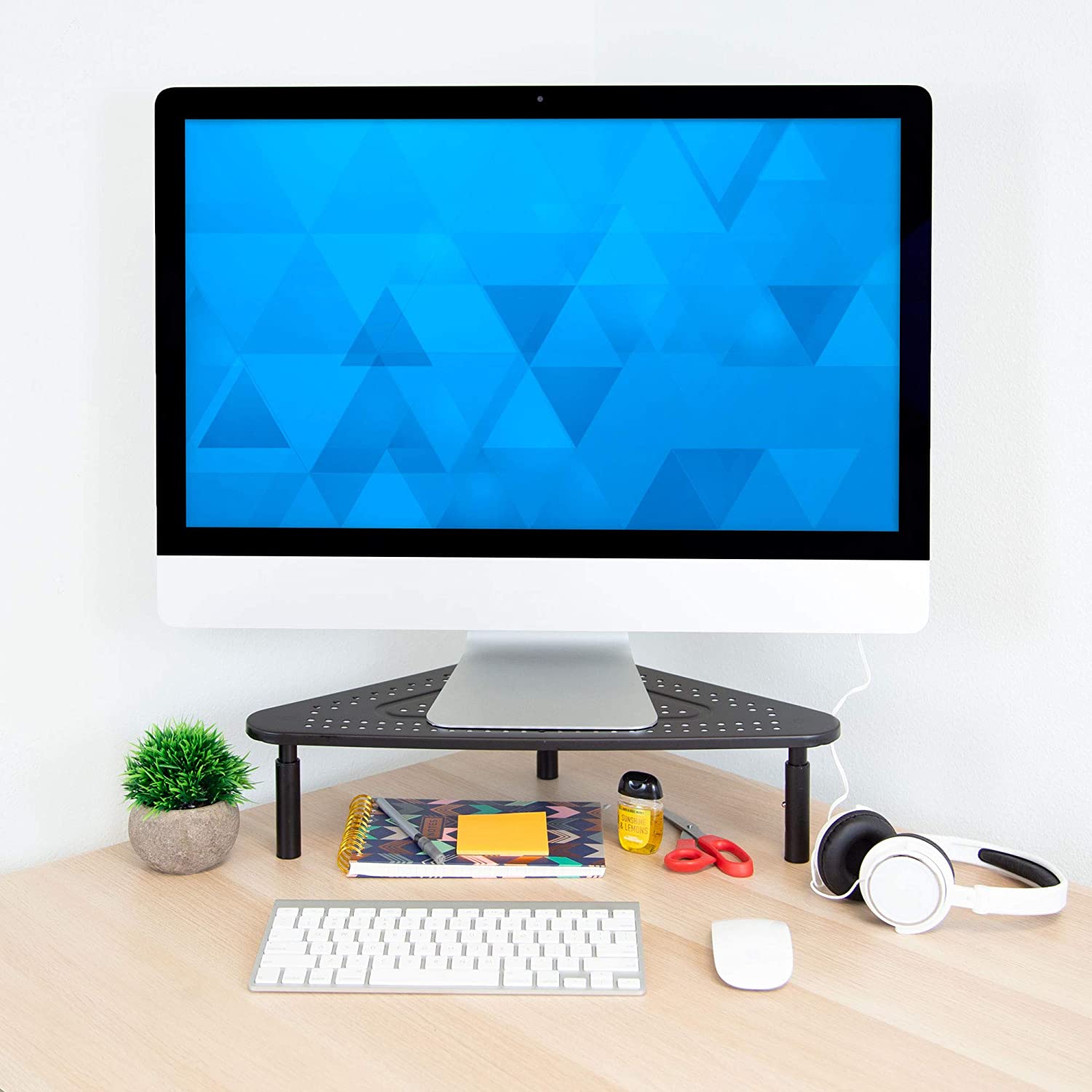 Elevador de monitor triangular, soporte para monitor de computadora de  esquina con cajón, triángulo de madera ahorra espacio, soporte de  computadora