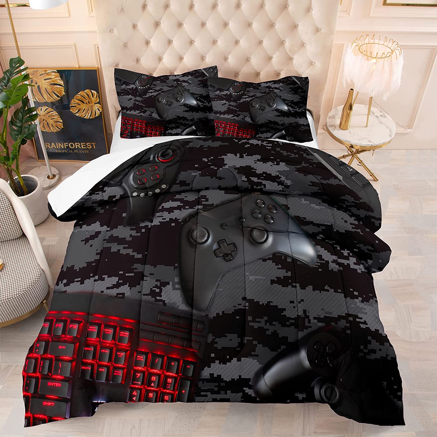 Modern Camouflage Gaming Comforter Sets For Boys, Gamer Comforter Red