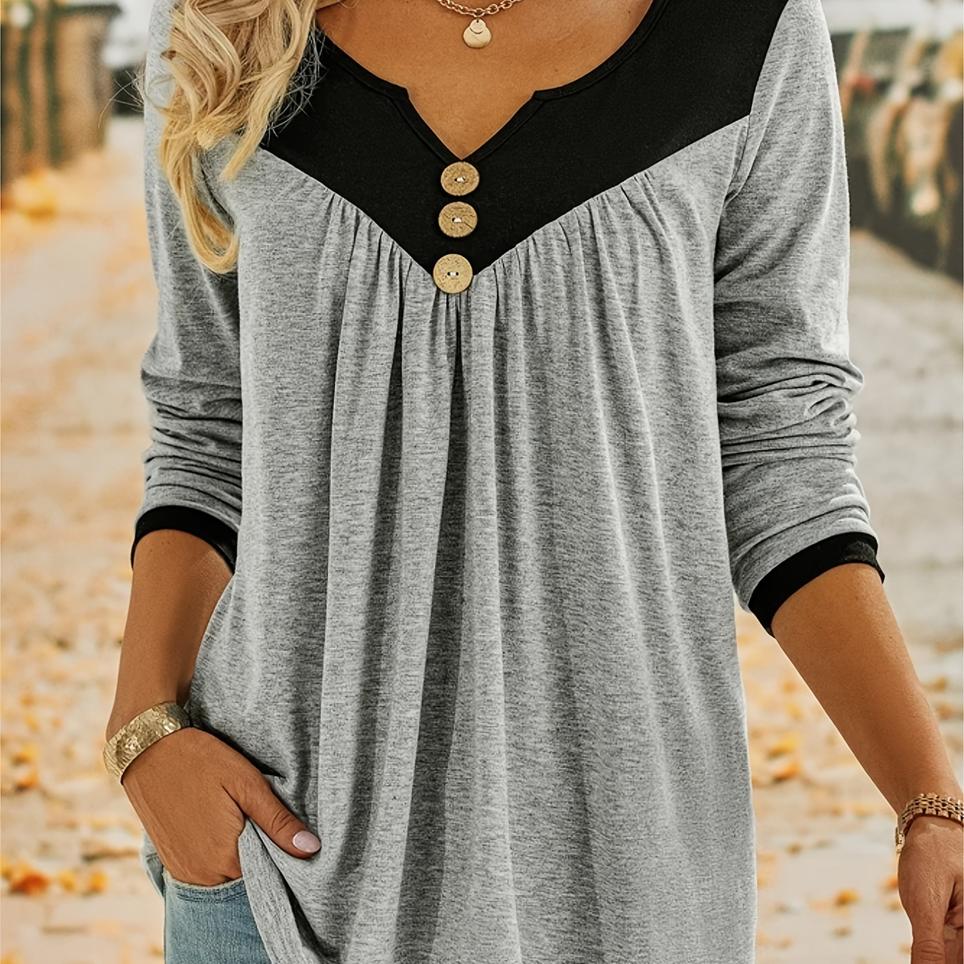 Women's Color Block V-Neck Long Sleeve Tops, Casual Daily Pullover T-Shirts, Women's Clothing