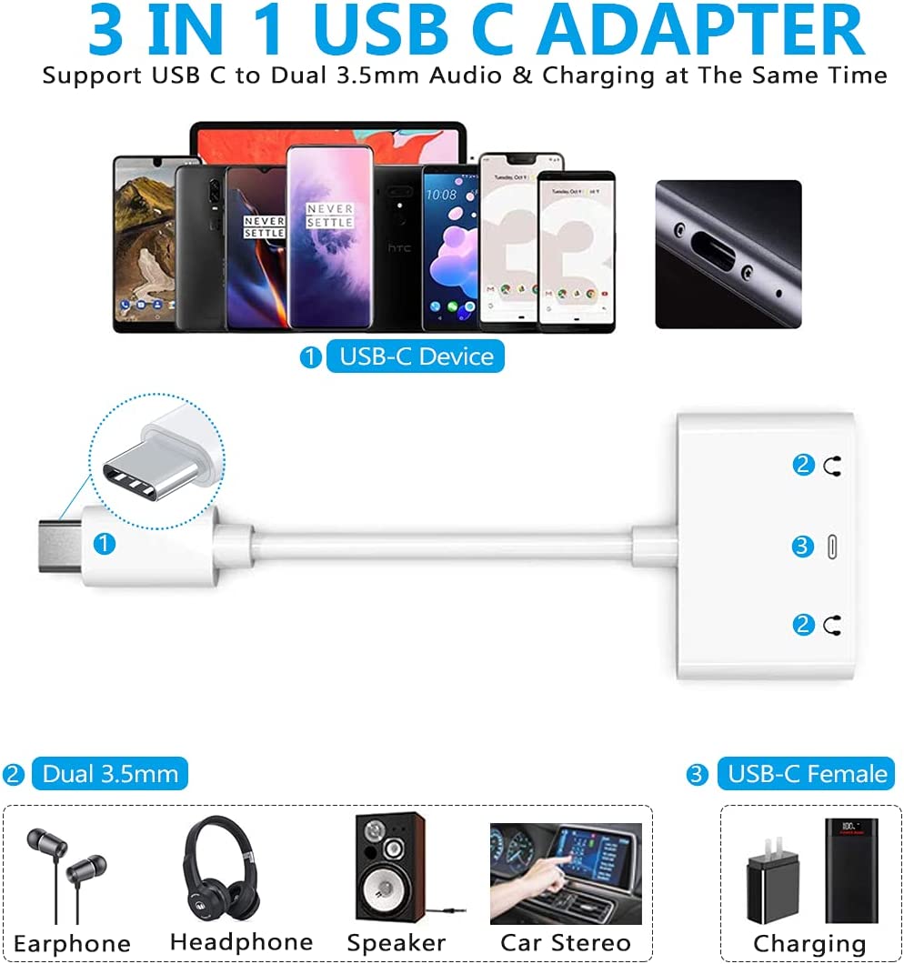 USB Type C To 3.5mm Aux Audio Charging Cable Adapter Splitter