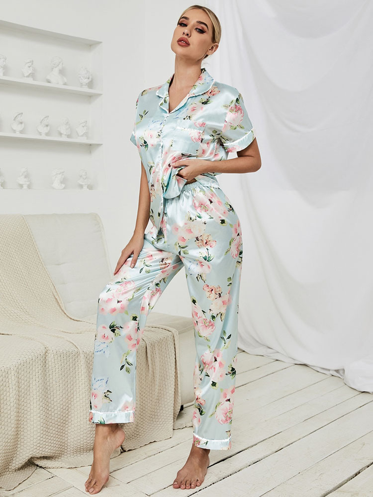 Soft Satin Floral Print Pajamas Set, Lightweight Button Up Blouse