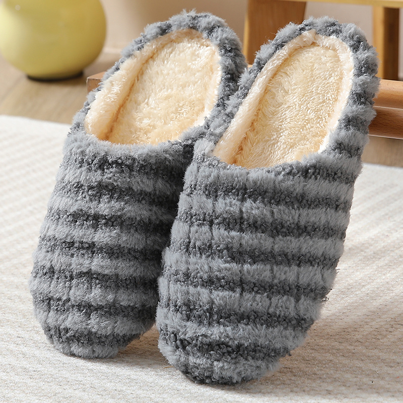 TEMU Women's Warm Plush Striped Print House Slippers, Slip-on Round Toe Anti-slip Soft Sole Slides, Women's Indoor Flat Shoes