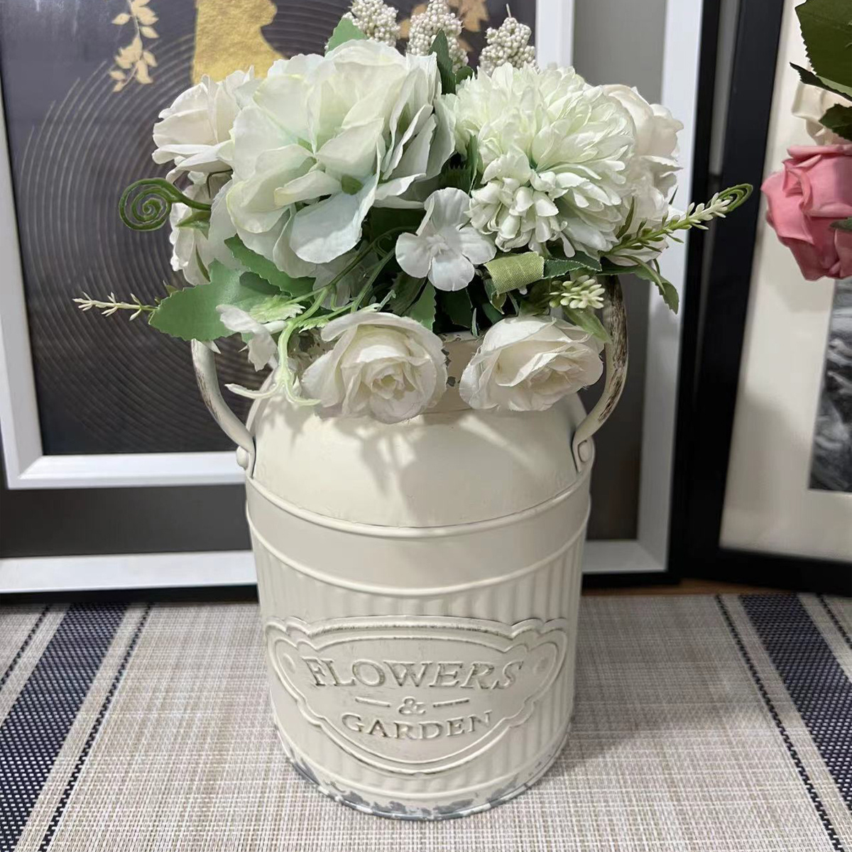 French Metal Flower Vase, Country Rustic Farmhouse Kitchen Decor