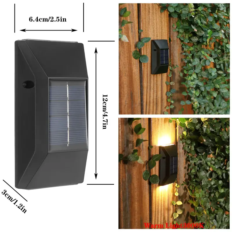 2pcs waterproof solar light warm white 3000k outdoor solar wall light for backyards patios deck railings stair railings pools walls details 3