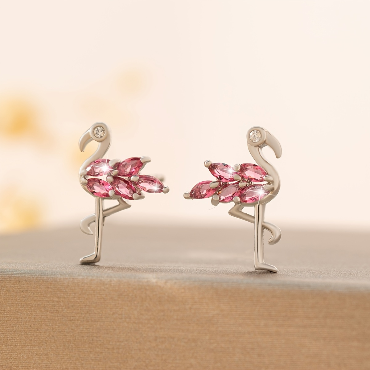 

Delicate Flamingo Shape Stud Earrings Inlaid Pink Cubic Zirconia Cute Design Animal Holiday Decor For Women 1pair