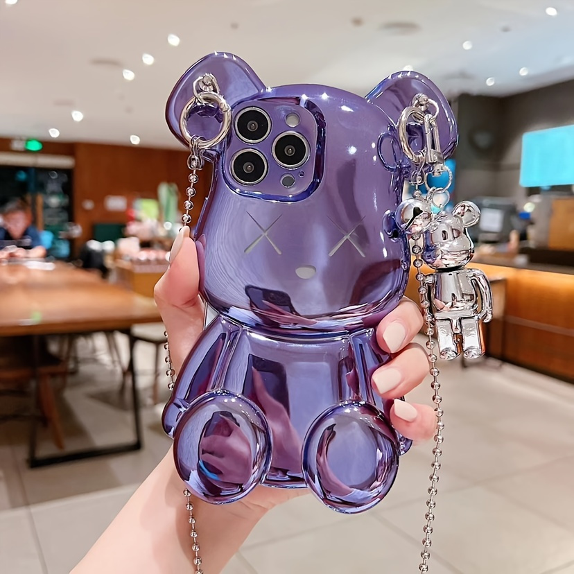  Cute Case for iPhone 14 Pro Max 6.7'', 3D Cartoon case Teddy  Bear Sparkle Bling Cover with Metal Chain Strap Bell Pendant, Fashion  Plating Soft TPU Shockproof, Suitable for Women 