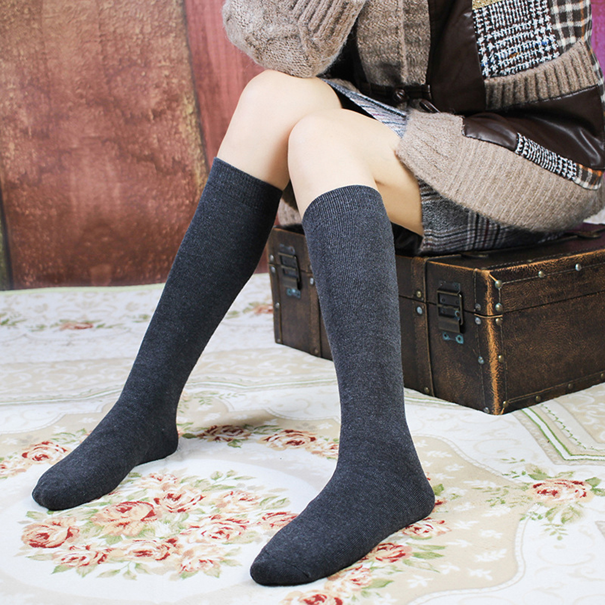 Winter socks thermal stocking knee thigh high women's long korean japanese  style white hot over black 7/8 for girls half fuzzy