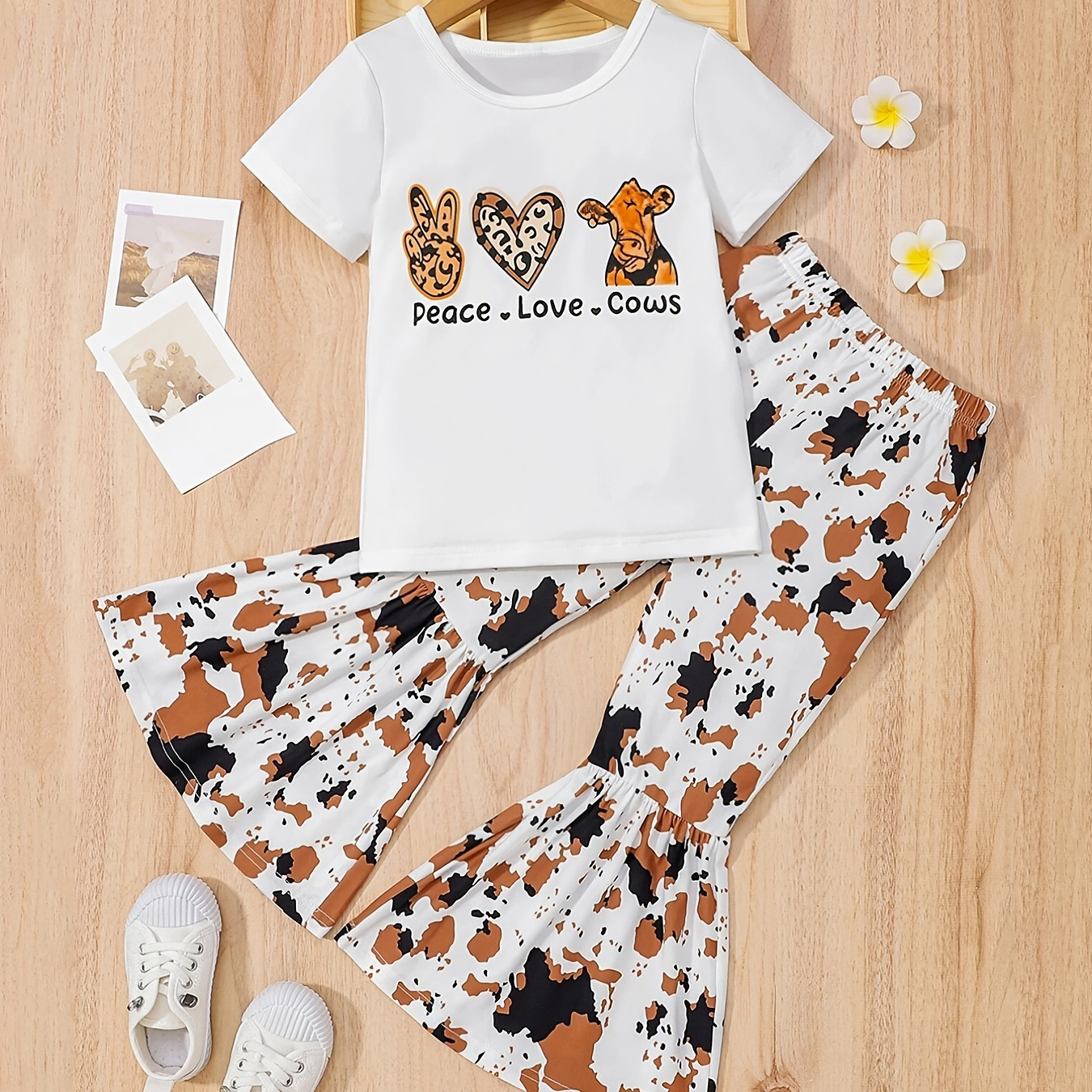 

Girls Graphic Tee + Matching Leopard Print Flared Pants Kids Clothes Summer