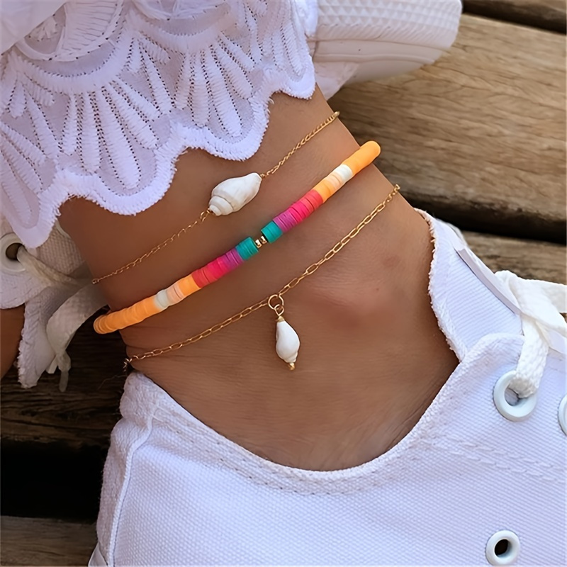 

3 Pcs Conch Shape Pendant Anklet Set With Colorful Soft Pottery Beads