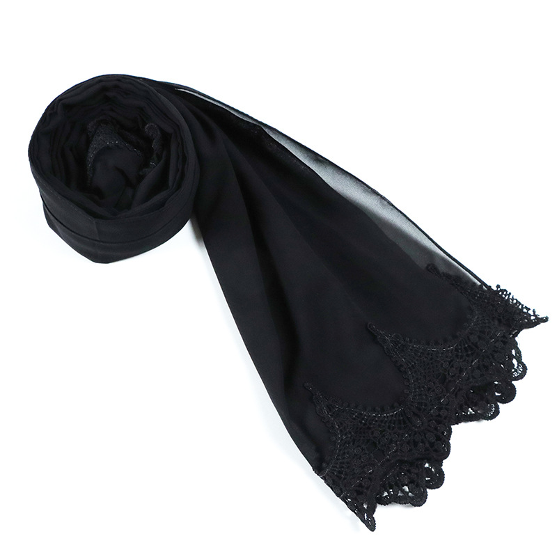 Shein 1pc Ladies' Stretchy Solid Color Delicate Stitching Edge Wrap Scarf, Jersey Hijab Scarf, One-Size Black Fabric Polyester