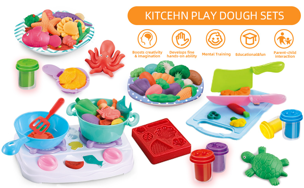  Cewuky Playdough Set, 36pcs Play Dough Tools Kit with 5 Colors  Dough, Play Kitchen Accessories Toys,Play Food Set and Stovetop Play Molds  Pretend Cooking toys for Kids Ages 4-8,Chirstmas Toys for