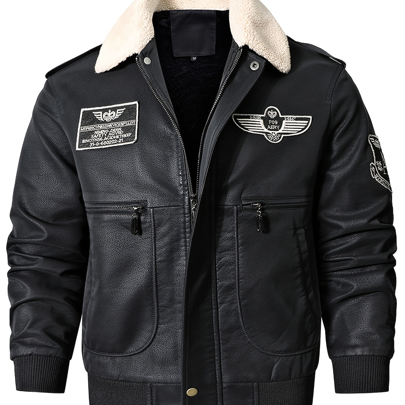 Men's Bomber Motorcycle Leather Jacket Vintage Fleece Faux Leather ...