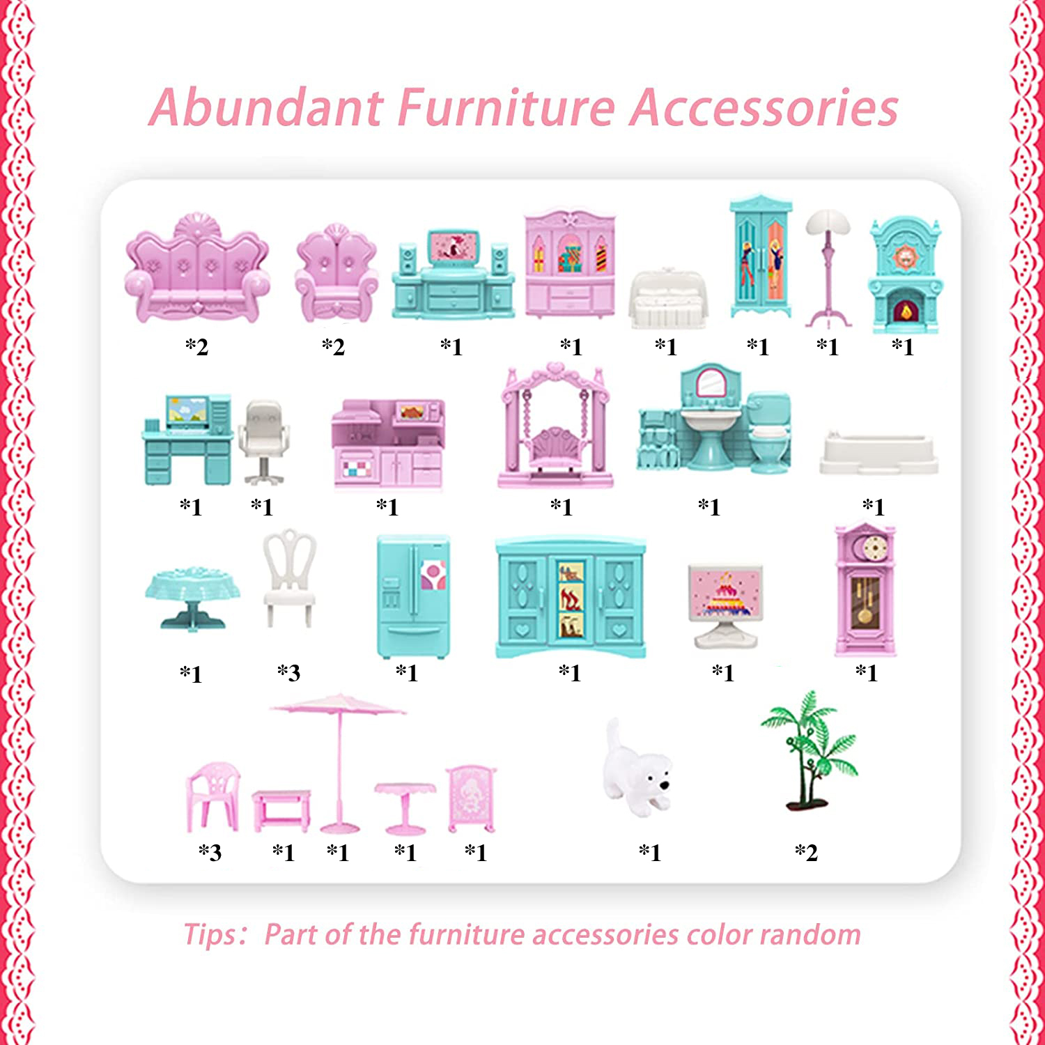 Set per casa delle bambole rosa da 11 stanze con accessori per mobili –