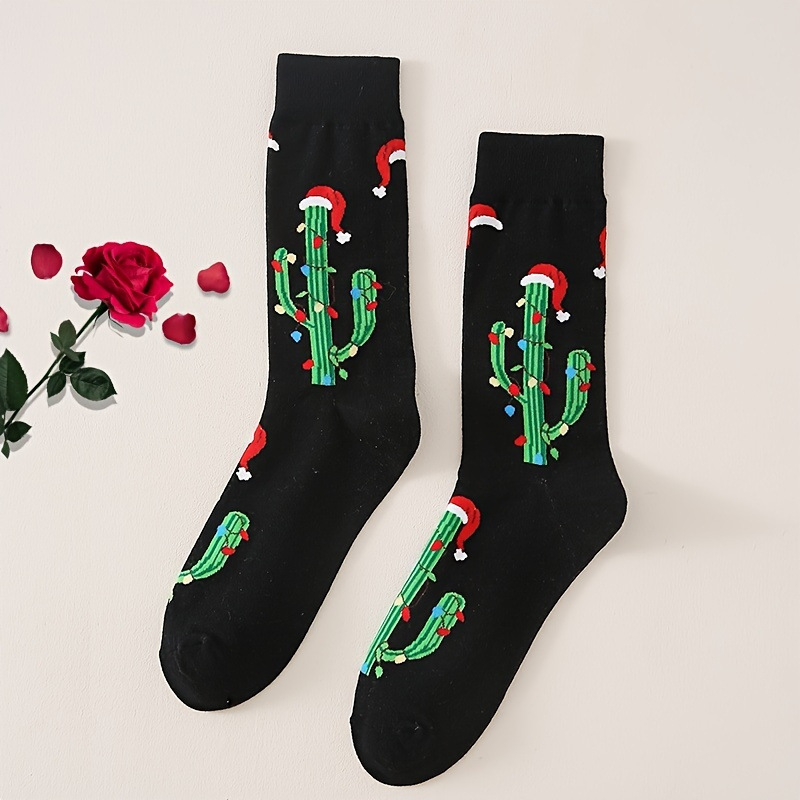 

1pair Men's Cactus With Christmas Hat Anti-odor Soft Sweat Resistant Crew Socks