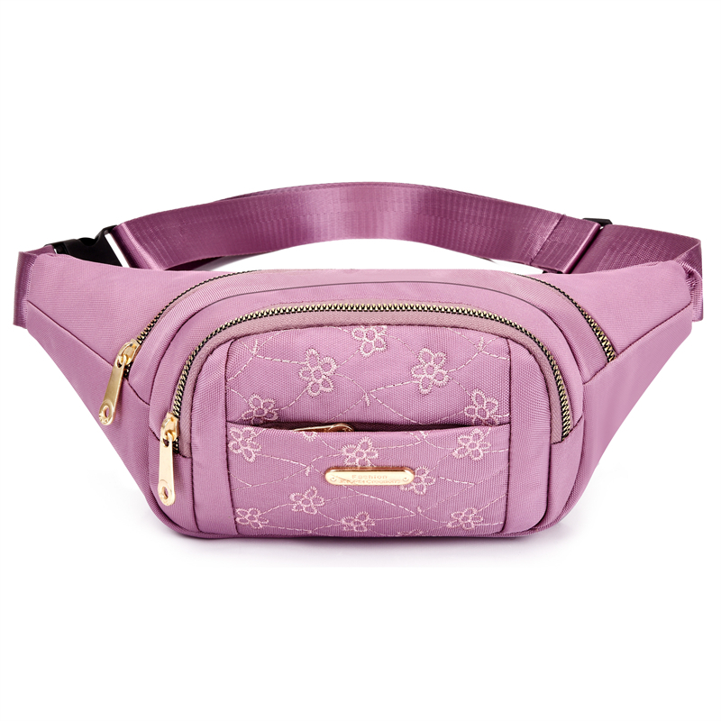 Embroidered Nylon Front Zip Fanny Pack for Women