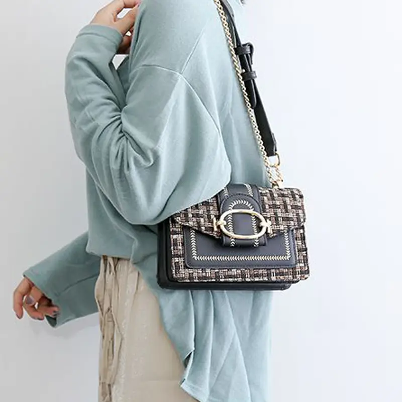 mini plaid pattern tweed bag buckle decor shoulder square bag chain crossbody flap purse for everyday details 4