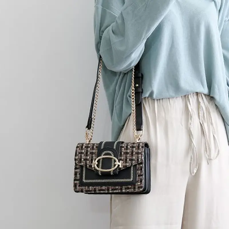 mini plaid pattern tweed bag buckle decor shoulder square bag chain crossbody flap purse for everyday details 5