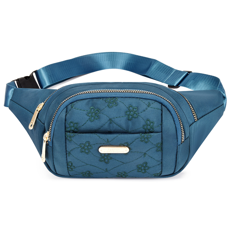 Embroidered Nylon Front Zip Fanny Pack for Women