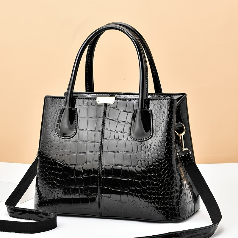 Crocodile Embossed Top Handle Bag Elegant Patent Leather Shoulder Purse ...