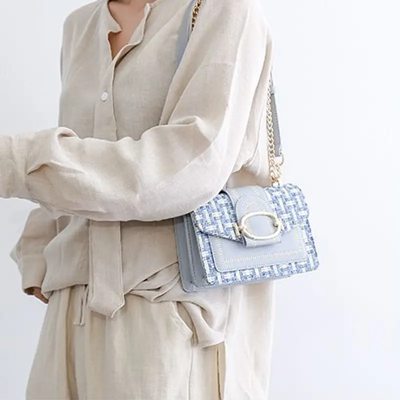 mini plaid pattern tweed bag buckle decor shoulder square bag chain crossbody flap purse for everyday details 3