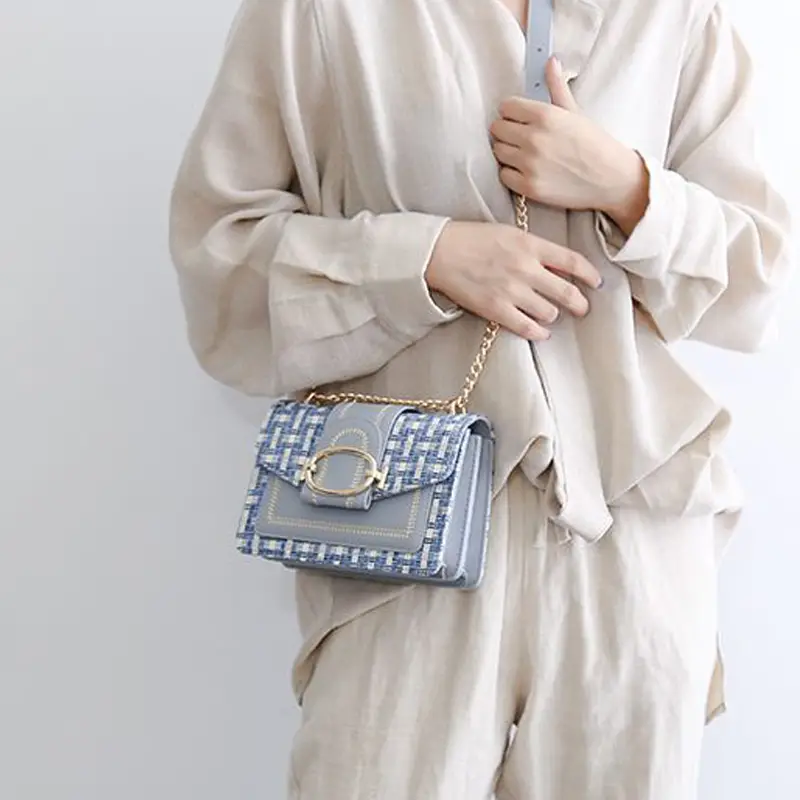 mini plaid pattern tweed bag buckle decor shoulder square bag chain crossbody flap purse for everyday details 2