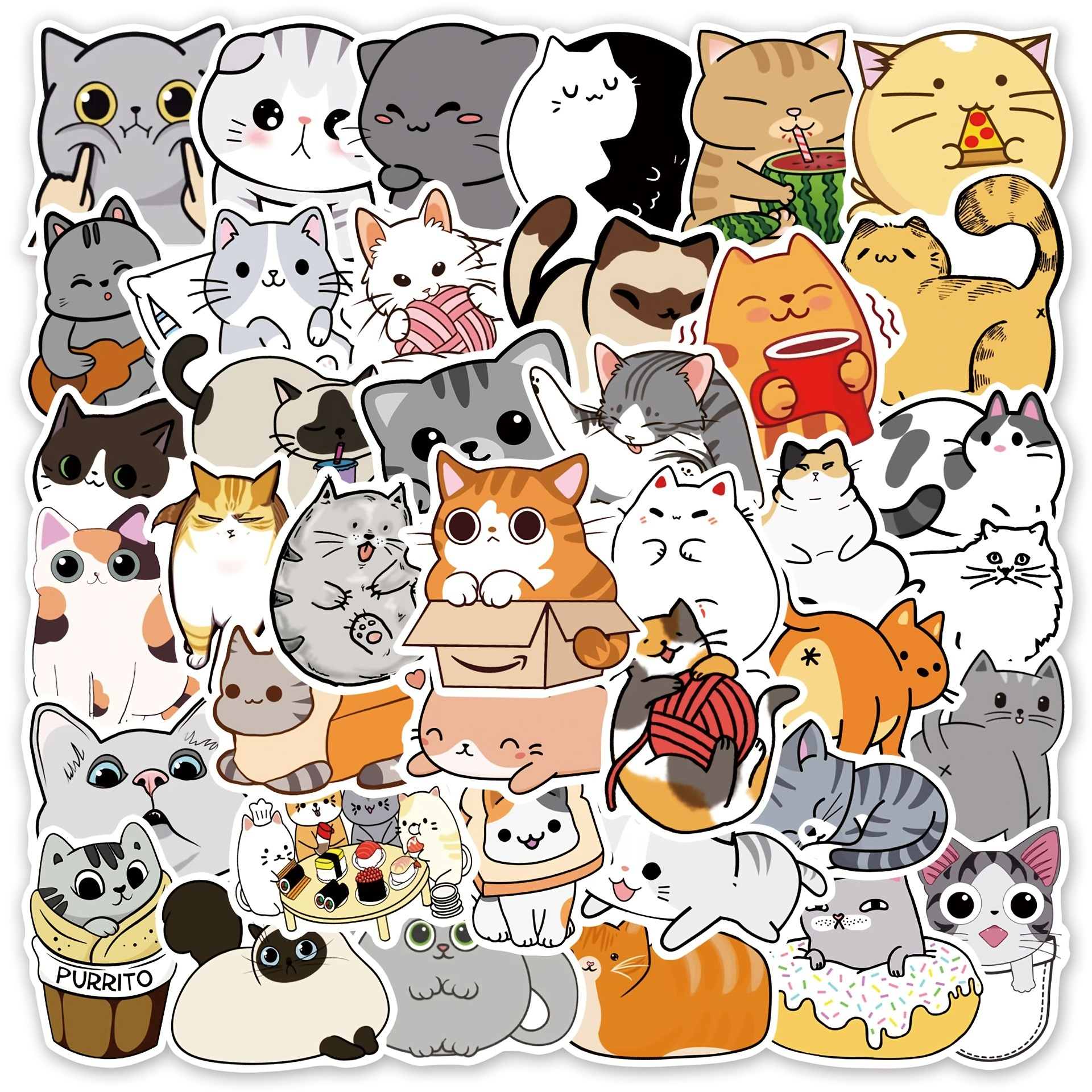 50pcs Cartoon Cute Funny Cat Doodle Stickers For Suitcase Guitar Car ...